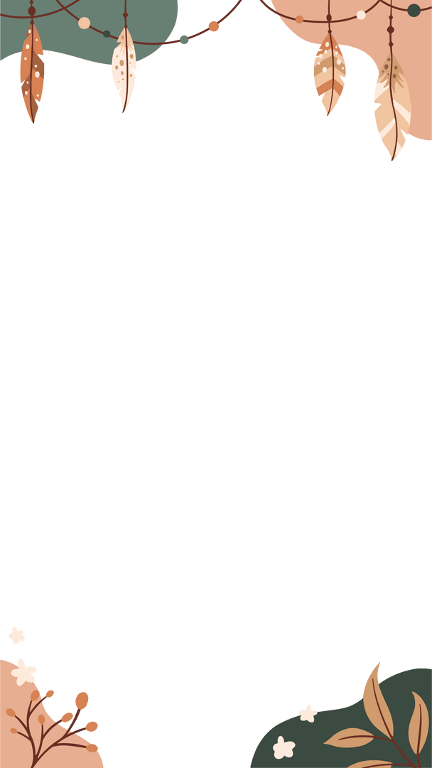 Bohemian Decorative Border with Feathers and Leaves, Transparent Design