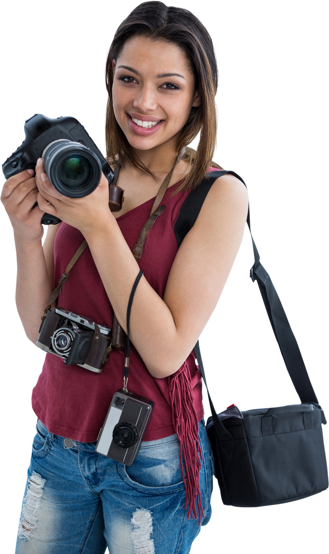 Transparent Portrait of Smiling Young Woman Holding a Digital Camera - Download Free Stock Images Pikwizard.com