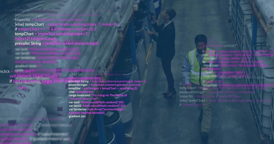Worker scanning inventory in warehouse while augmented reality overlay showing smart logistics data