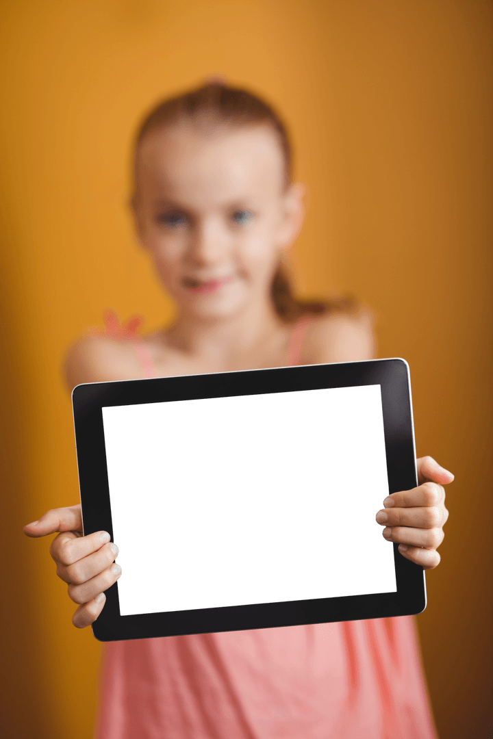 Smiling Girl Holding Blank Transparent Tablet for Copy Space