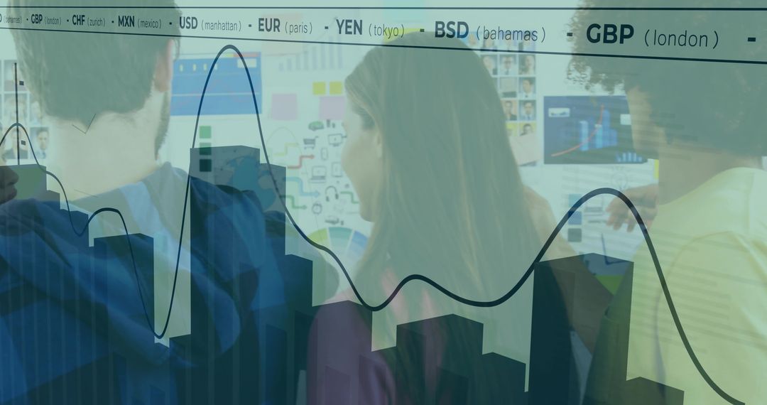 Team Analyzes Data on Digital Wall Overlay with Currency Exchange Trends