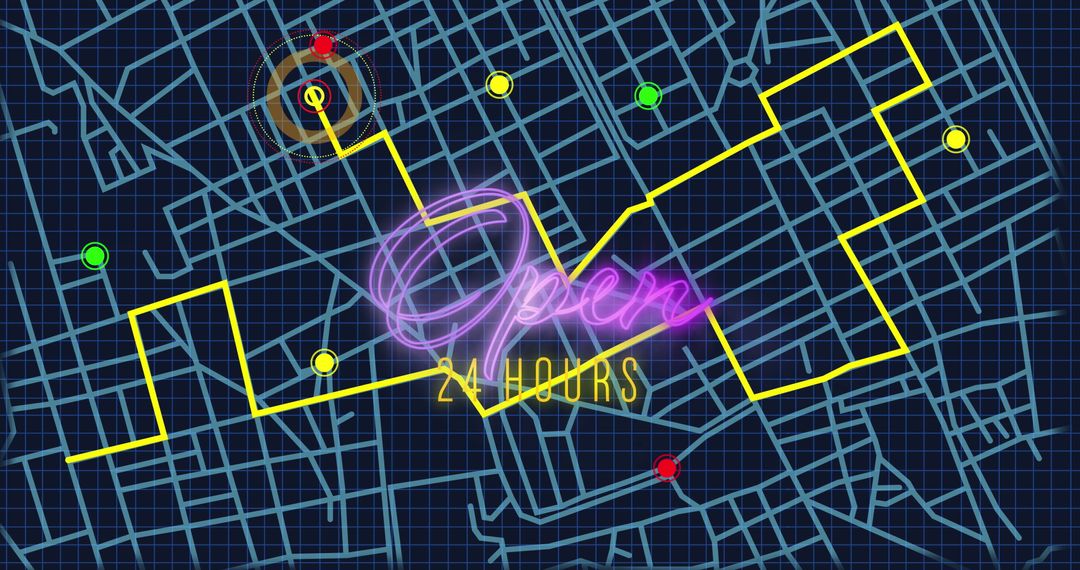 Neon Open 24 Hours Sign on GPS Navigation Map