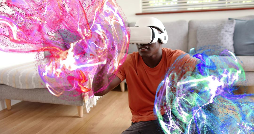 Exploring vibrant immersive holographic swirls with VR headset in modern living room