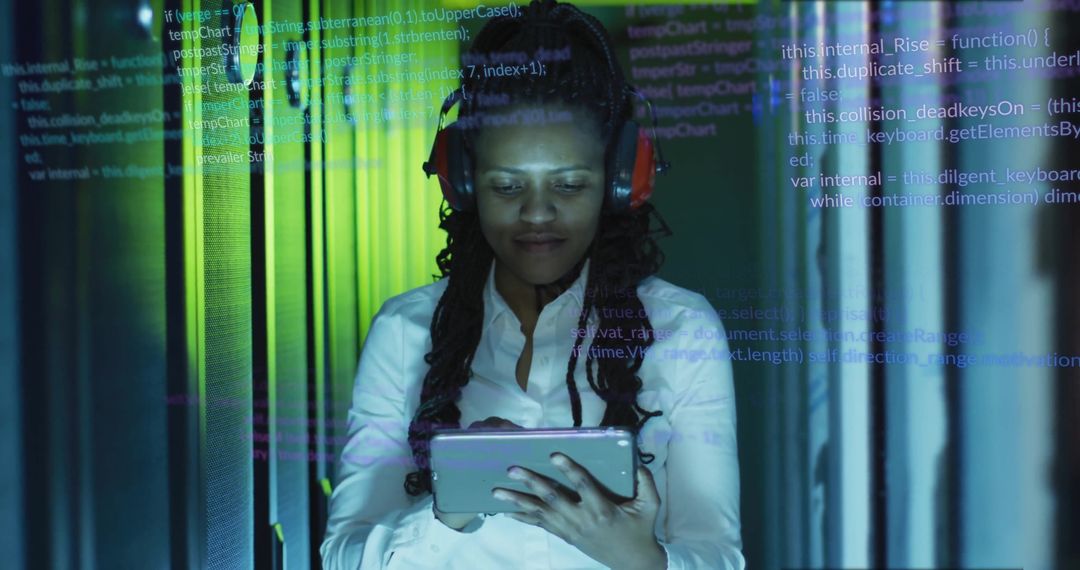 Female IT Engineer Innovating in Data Center with Digital Overlay