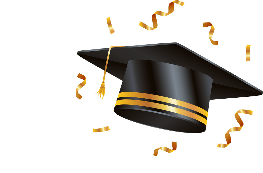 Floating Mortarboard Cap with Gold Ribbons on Transparent Background