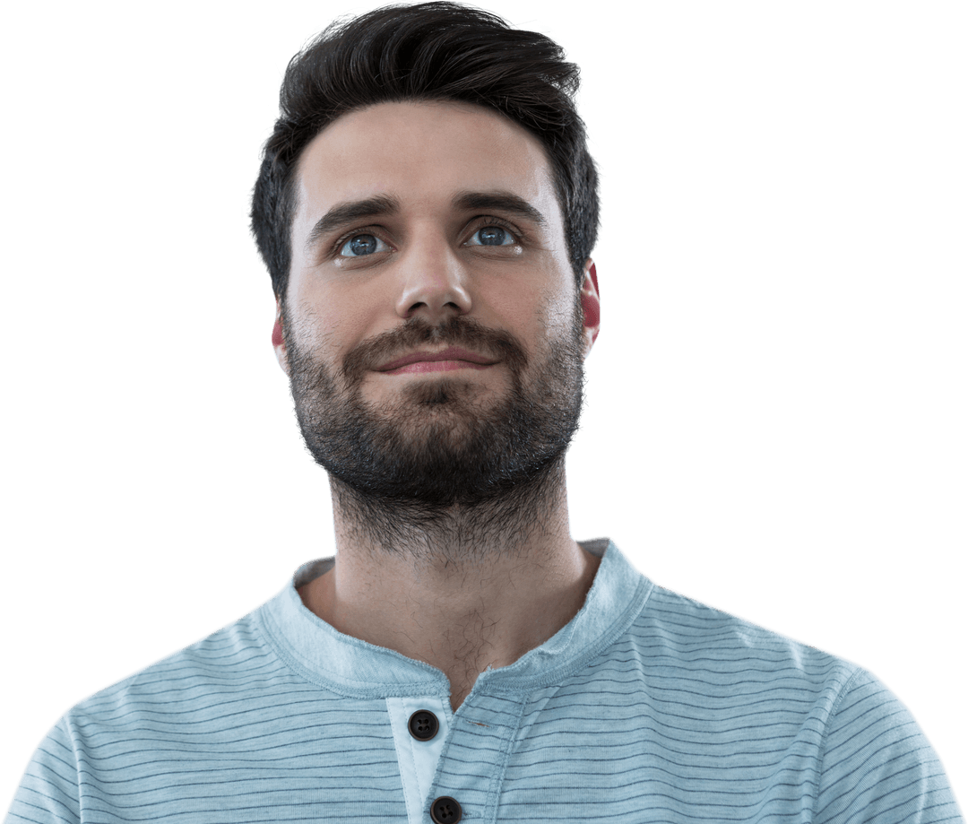 Smiling Man with Beard Looking Up on Transparent Background