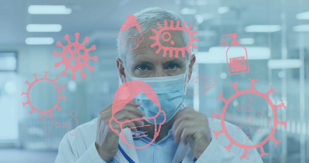 Scientist Wearing Mask with Digitally Generated Covid-19 Icons