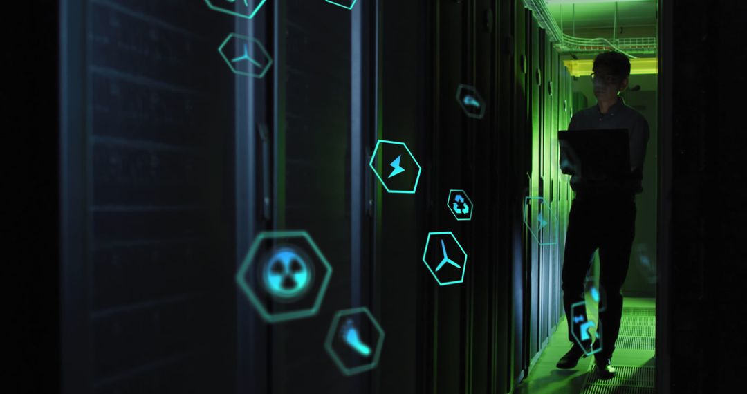 Technician Monitors Data with Holographic Icons in Server Room
