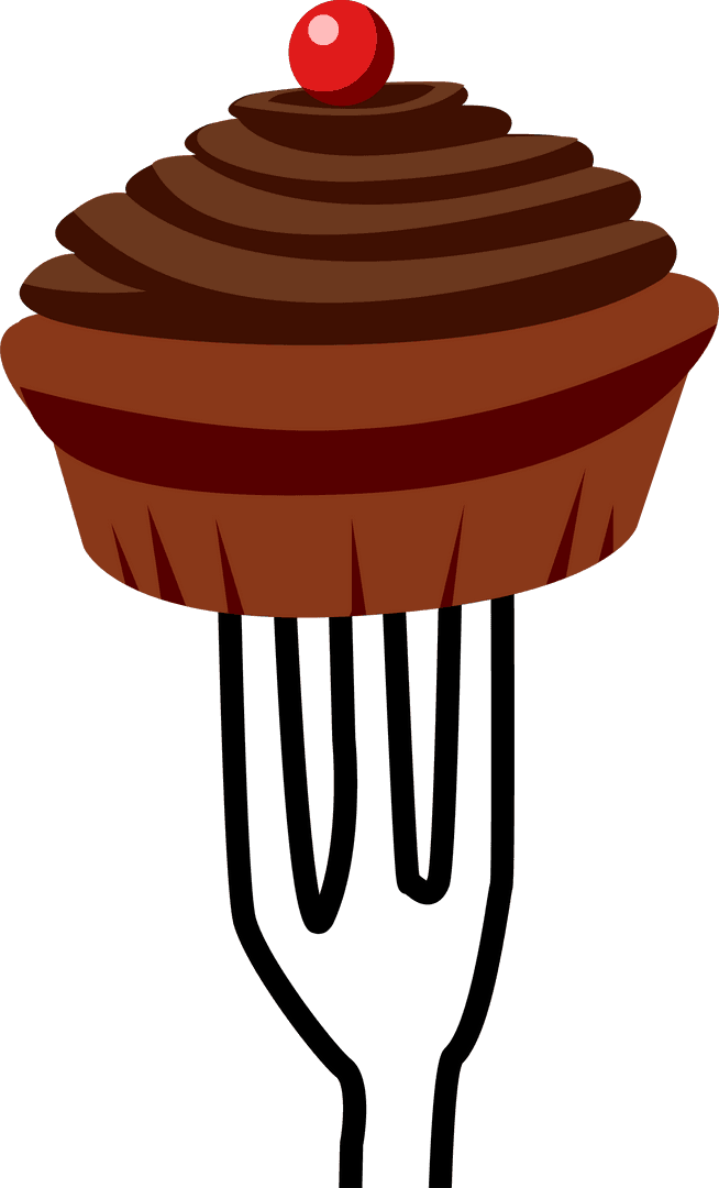 Stylized Chocolate Cupcake with Cherry on Fork Transparent Background
