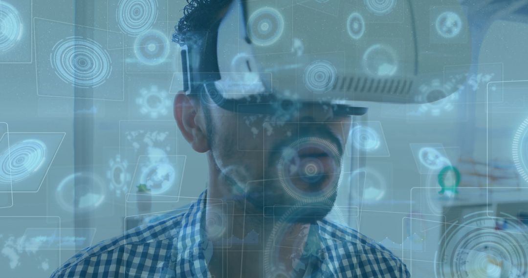 Man Engaged in Futuristic Virtual Reality Simulation Environment