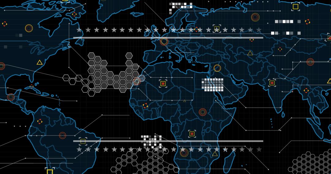Digital World Map with Dynamic Icons and Technology Elements