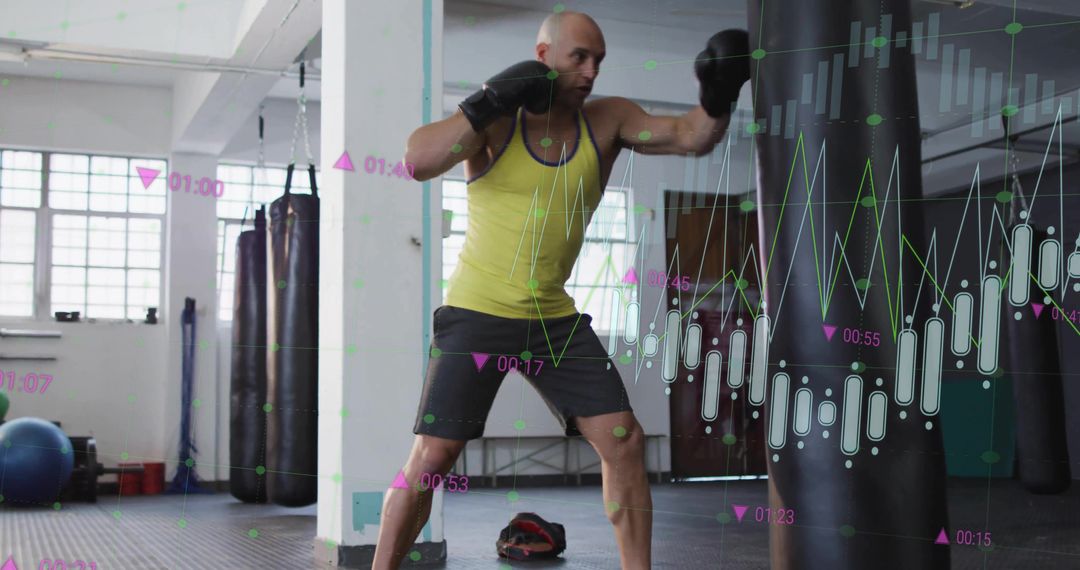 Boxer Training with Heavy Bag and Digital Data Overlay for Performance