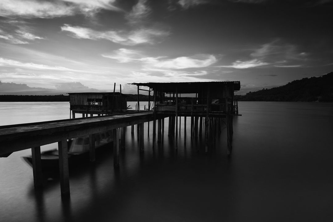 Greyscale Photo of Dock Near Mountains - Free Images, Stock Photos and Pictures on Pikwizard.com