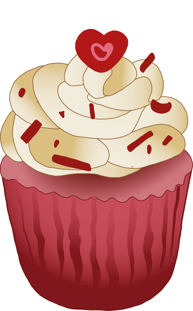 Red Cupcake with Cream and Heart Decorations Transparent Background