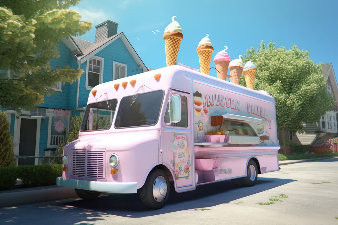 Pink retro ice cream truck in street, created using generative ai technology - Free Images, Stock Photos and Pictures on Pikwizard.com