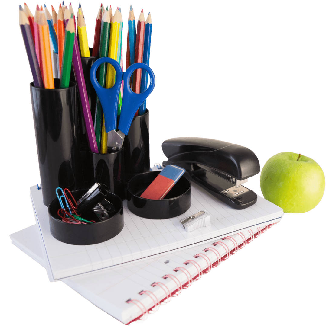 Transparent Overlay of Colorful Office Supplies with Apple