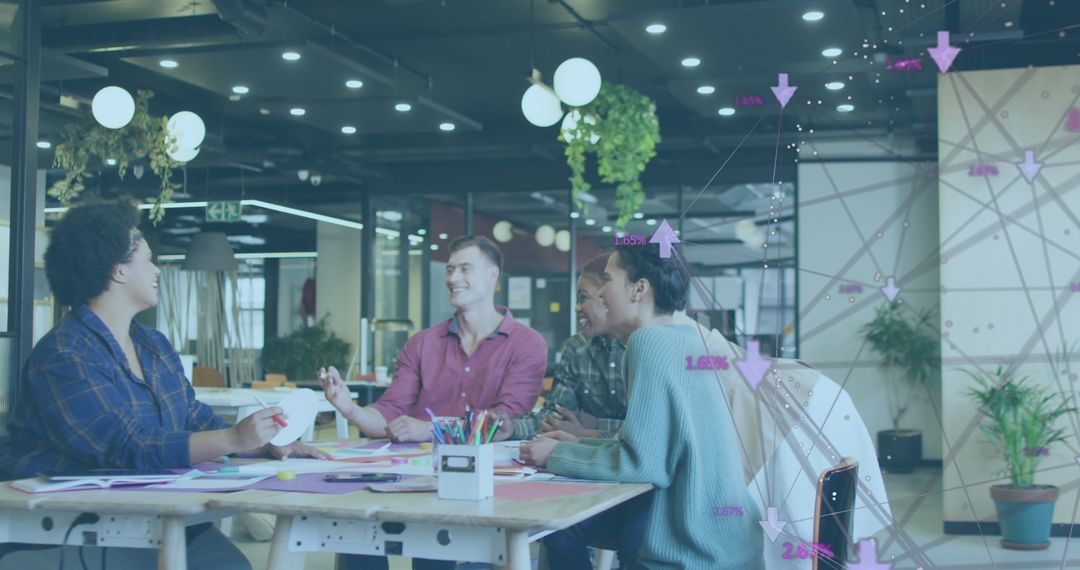 Diverse Team Collaborating with Digital Interface Icons in Modern Office