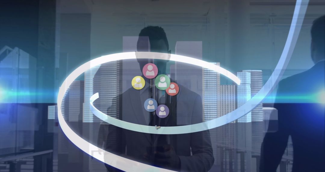 Businessman Using Smartphone with Social Media and Digital Networking Graphics