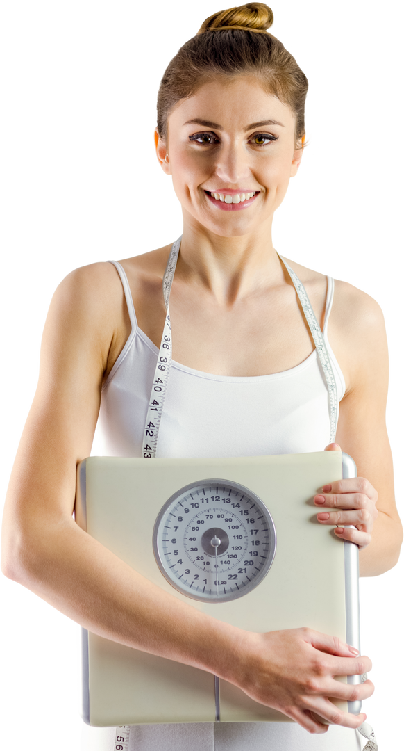 Transparent Slim Woman Holding Scales and Measuring Tape Smiling - Download Free Stock Images Pikwizard.com