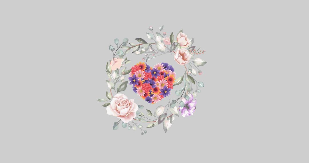 Floral Wreath with Heart of Flowers on Gray Background - Free Images, Stock Photos and Pictures on Pikwizard.com