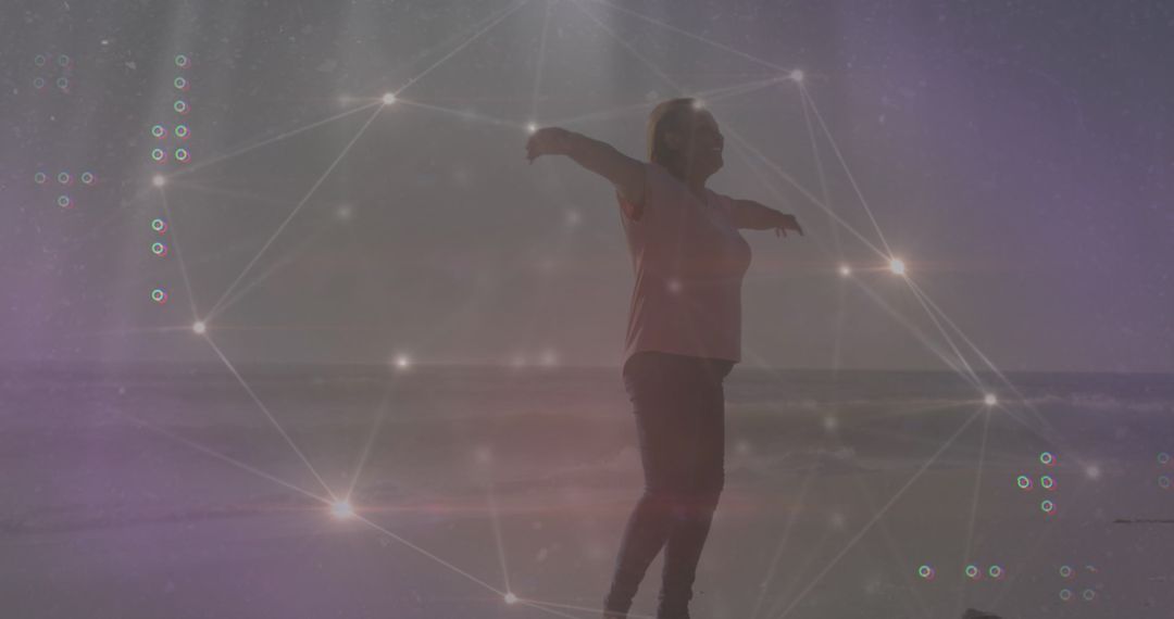 Woman Experiencing Tranquility at Beach with Digital Aura