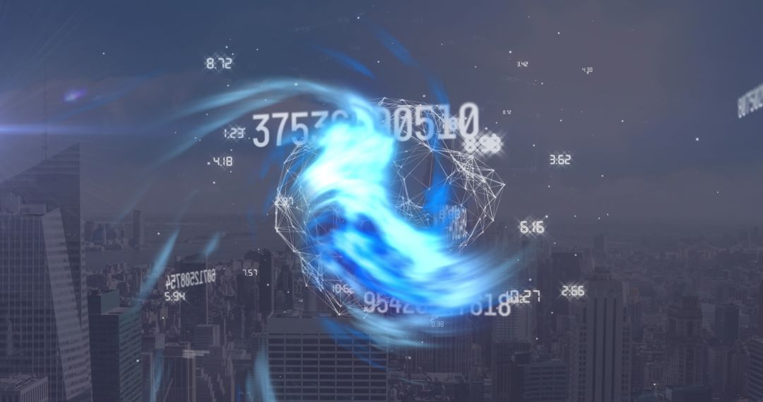 Digital Data Processing Interface over Urban Cityscape with Energy Burst