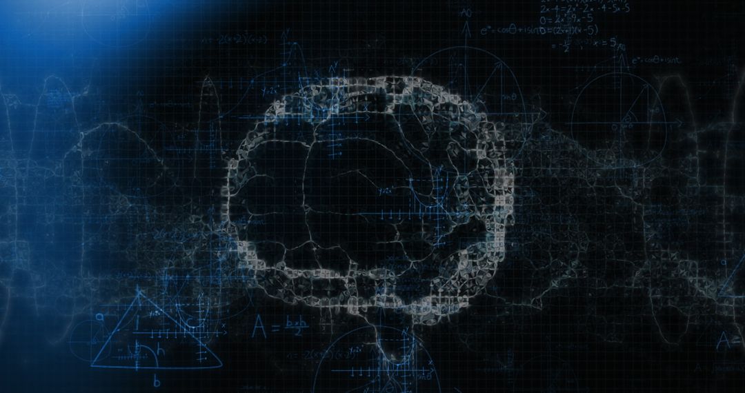 Digital Brain Overlay with Mathematical Equations on Black Background