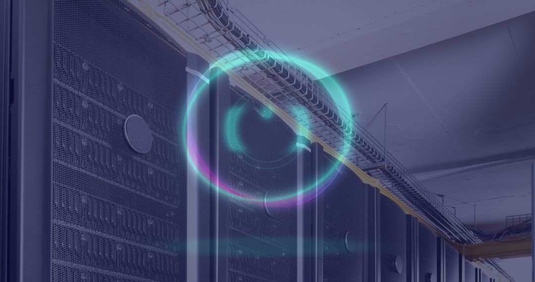 Futuristic Neon Hologram Over Data Servers in Technological Environment