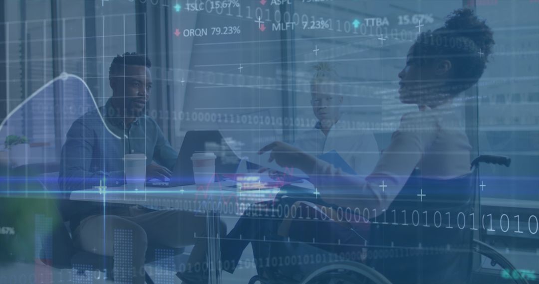 Multiracial Team Meeting with Digital Finance Data Overlay