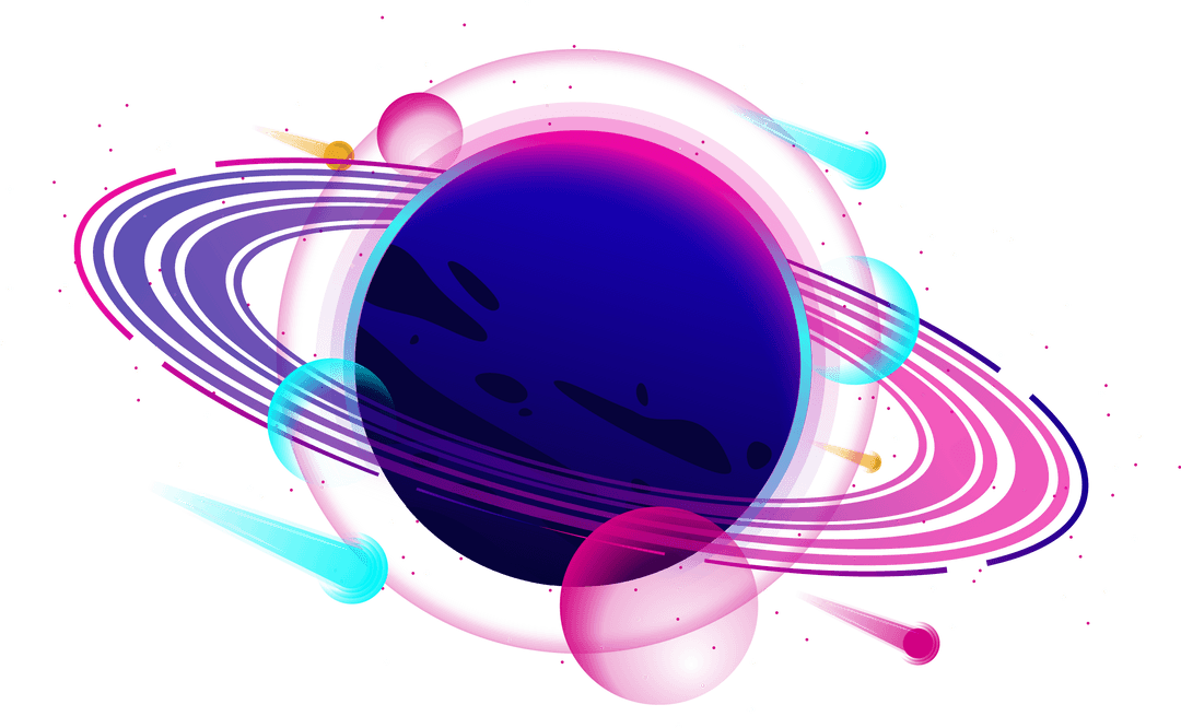 Neon-Ringed Planet with Comets on Transparent Cosmic Background