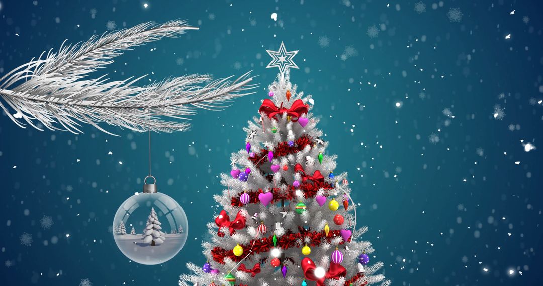 Festive Christmas Tree with Ornaments and Lights in Snowy Scene