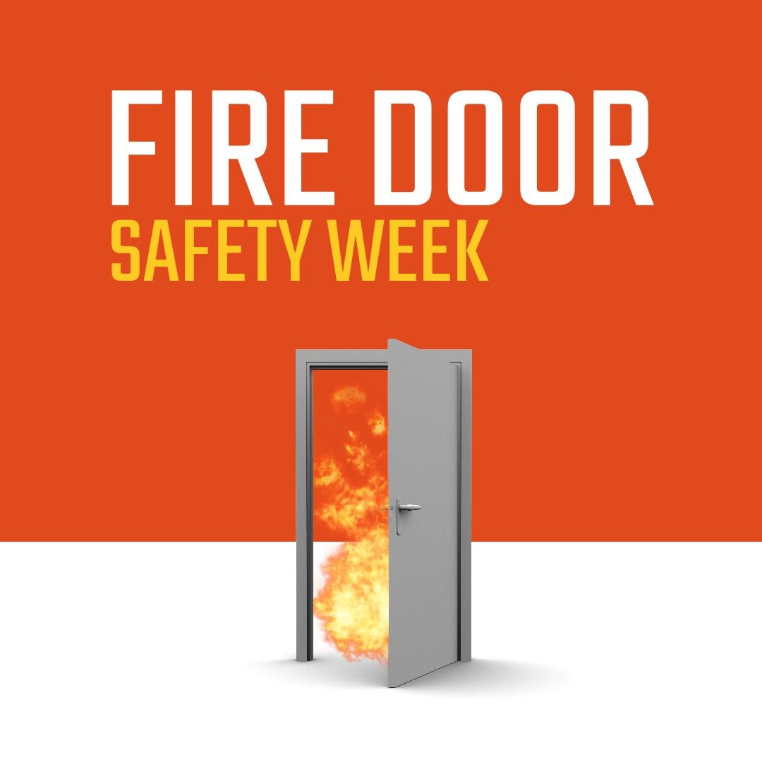 Illustration of fire burning at door and fire door safety week text on orange and white background - Download Free Stock Templates Pikwizard.com