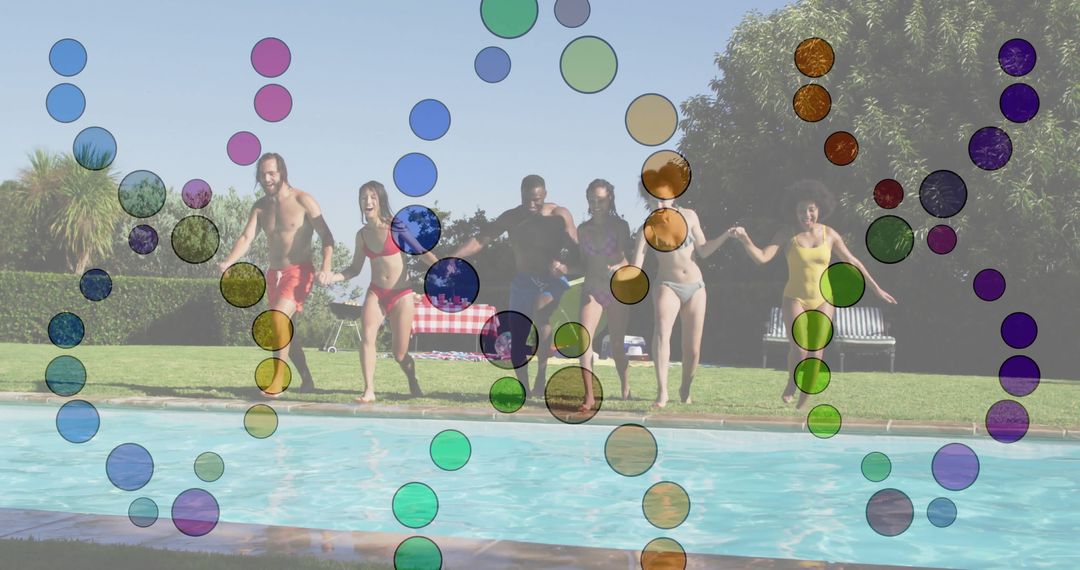 Diverse Friends Laugh and Jump into Pool on Sunny Day