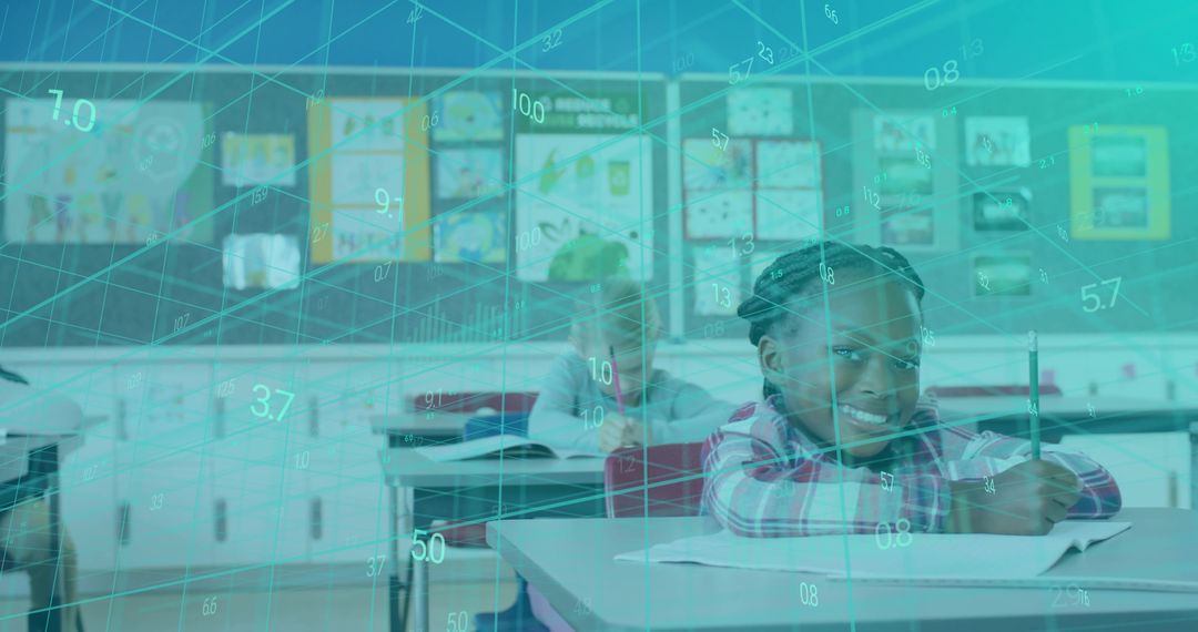 Smiling schoolgirl writing in classroom with teal data grid overlay, modern education