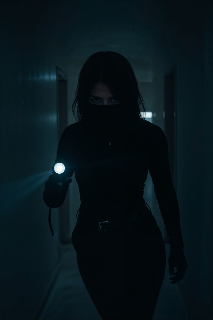 Stealthy female burglar agent exploring dark corridor with flashlight beam
