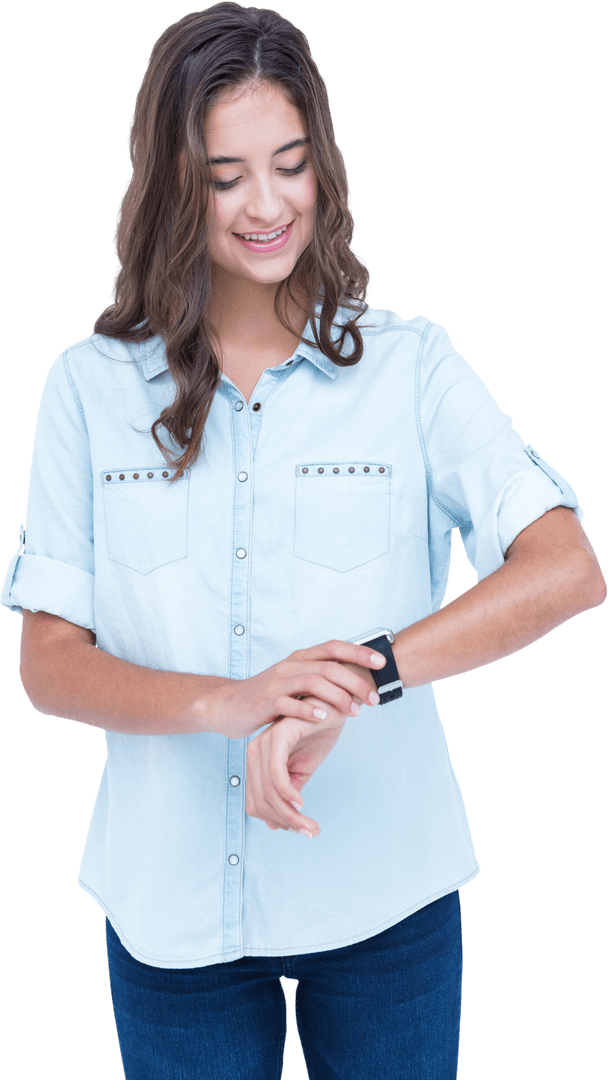 Smiling Woman Checking Smartwatch on Transparent Background