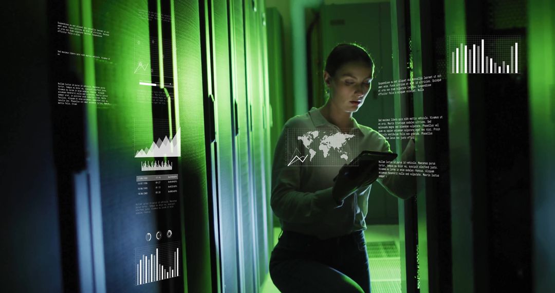 Female IT Specialist Reviews Data on Tablet in Server Room