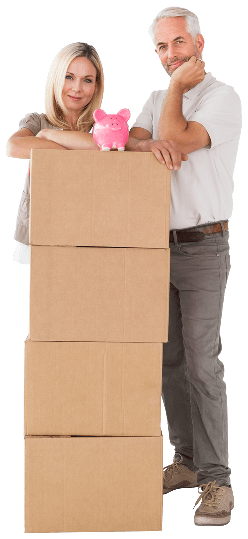 Couple Saving Money with Piggy Bank on Stacked Boxes Transparent Background