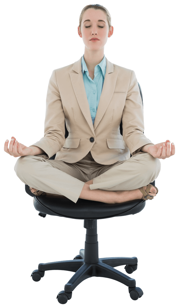 Transparent Meditating Businesswoman in Lotus Pose on Chair
