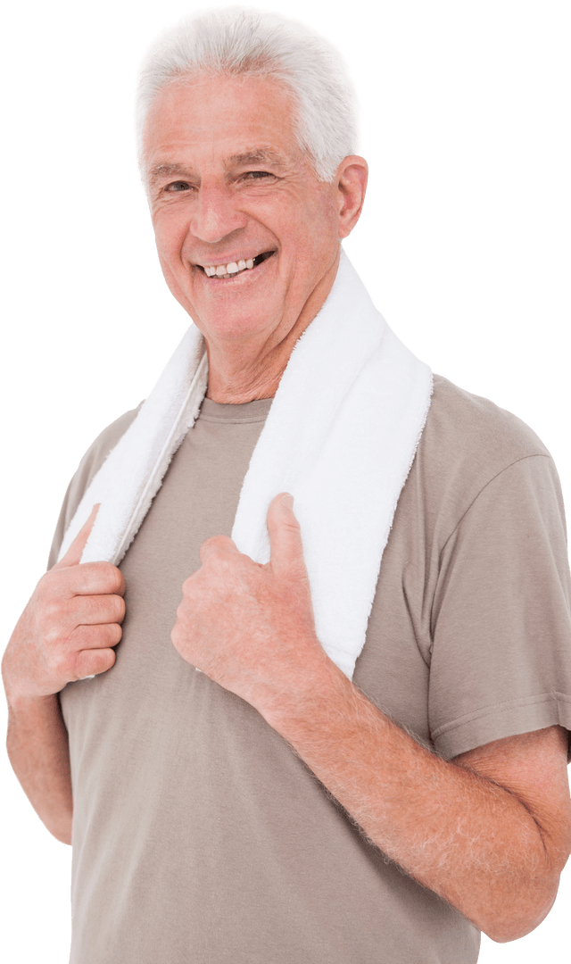 Happy Senior Caucasian Man with Towel Smiling on Transparent Background