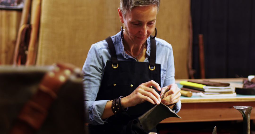 Skilled Craftswoman Working on Leather with Concentration and Precision - Free Images, Stock Photos and Pictures on Pikwizard.com