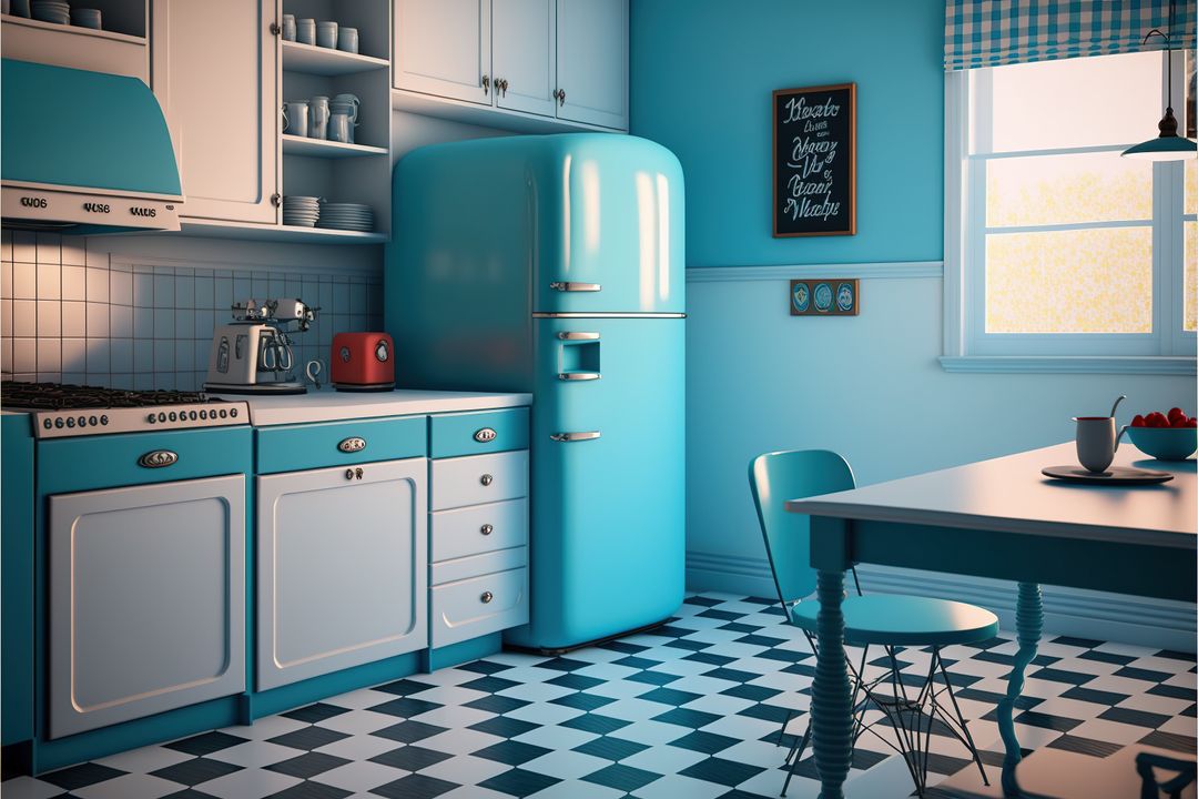 Image of retro kitchen interiors, fridge and dining table, created using generative ai technology - Free Images, Stock Photos and Pictures on Pikwizard.com