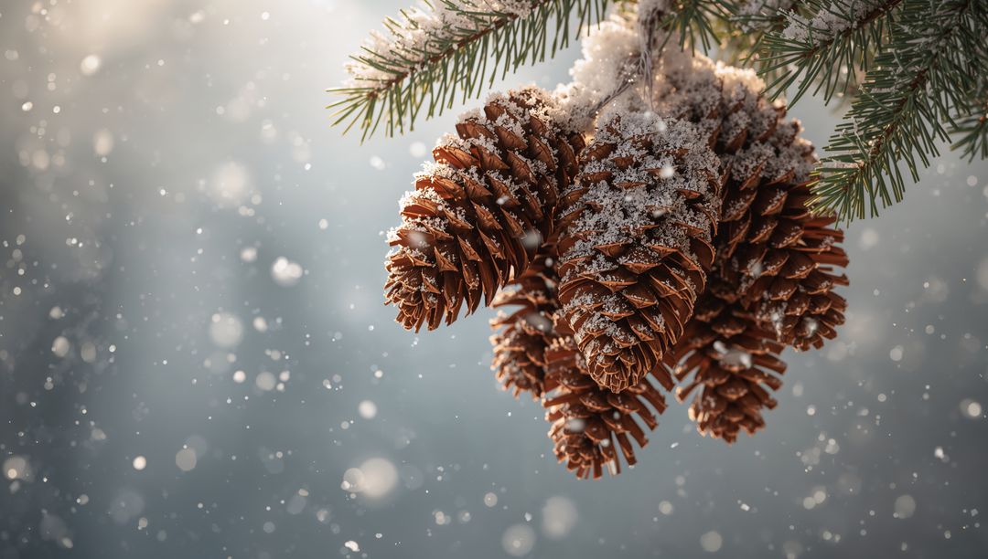 Hanging Frosted Pine Cones on Evergreen Branch with Falling Snow and Soft Bokeh