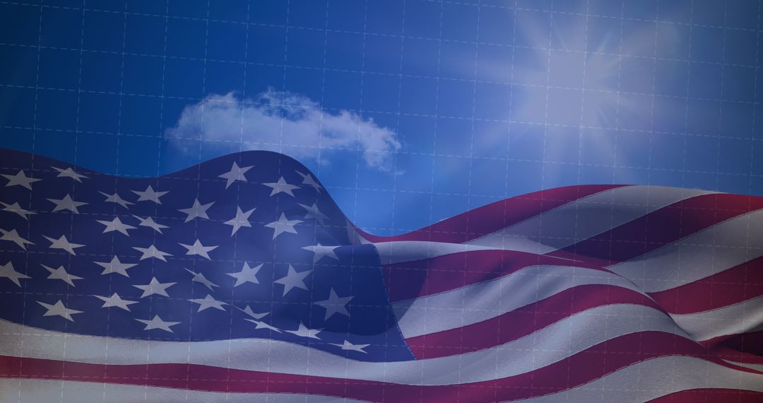 Waving American Flag Over Digital Map and Statistics Background