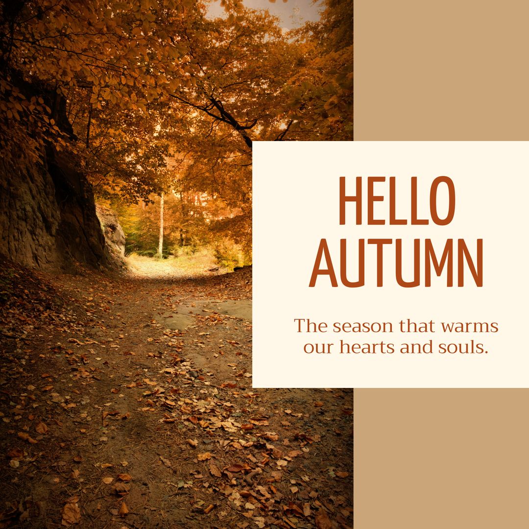 Hello Autumn Text over Forest Path Filled with Golden Leaves - Download Free Stock Images Pikwizard.com