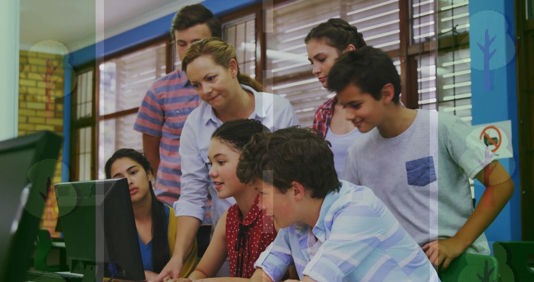 Dedicated Teacher Guiding Students in School Computer Lab