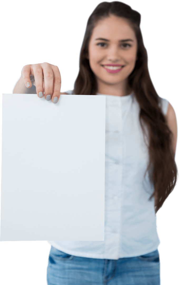 Smiling Woman Holding Blank Sheet with Transparent Background