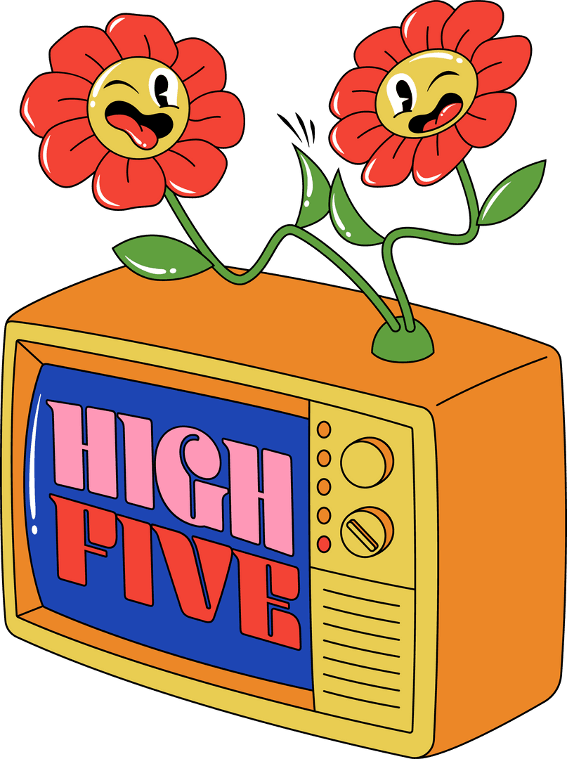 Playful Retro TV with Flowers Displaying High Five Text on Transparent Background