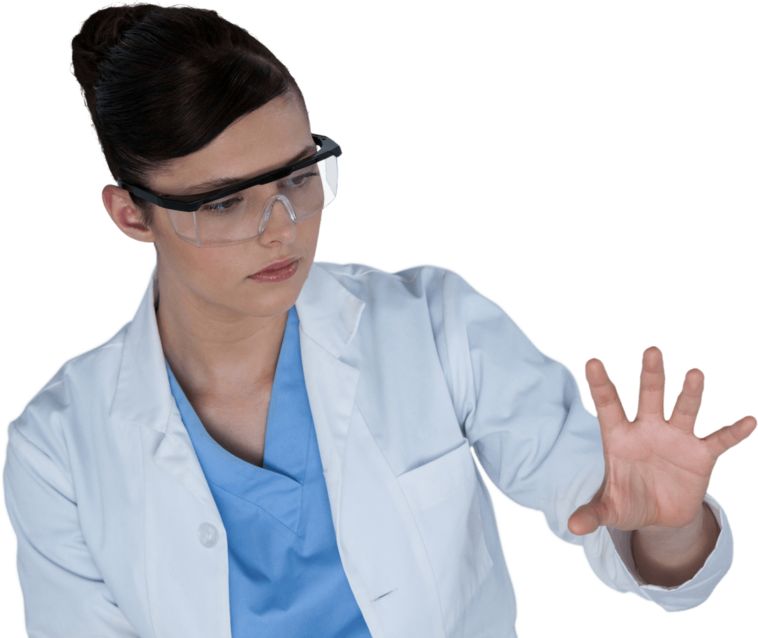 Confident Female Scientist Interacting with Transparent Virtual Interface