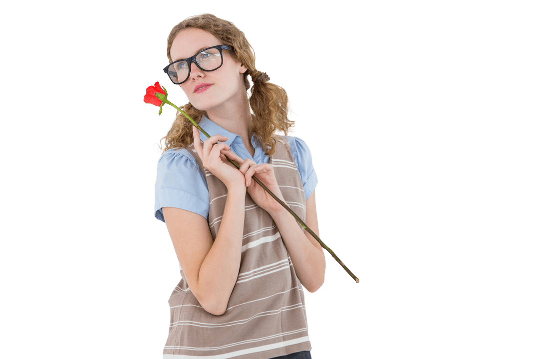 Geeky Hipster Woman with Glasses Holding Single Red Rose